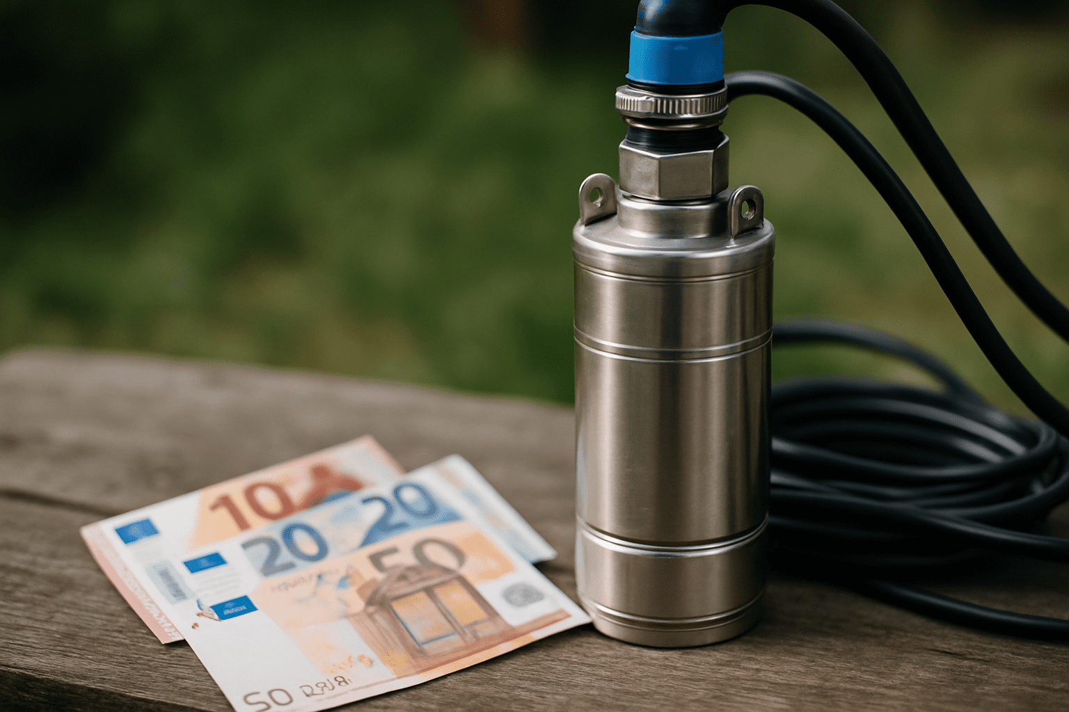 Metalowa pompa z przewodem elektrycznym obok banknotów euro o nominałach 10, 20 i 50.