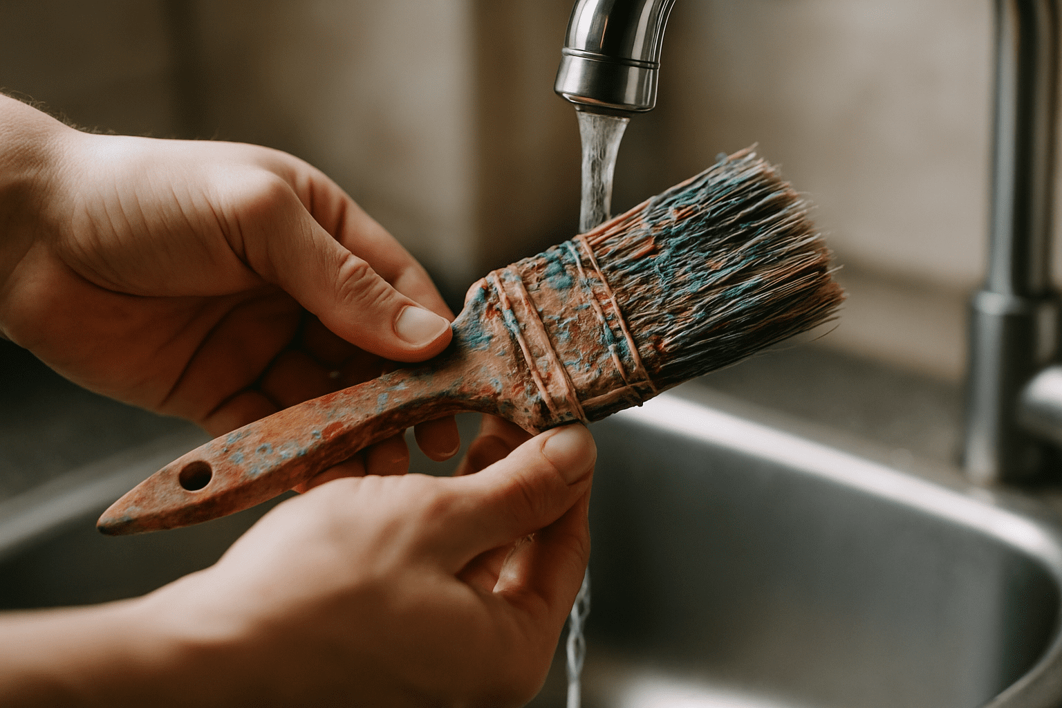 Mężczyzna myje brudny pędzel malarski pod bieżącą wodą w zlewie kuchennym.